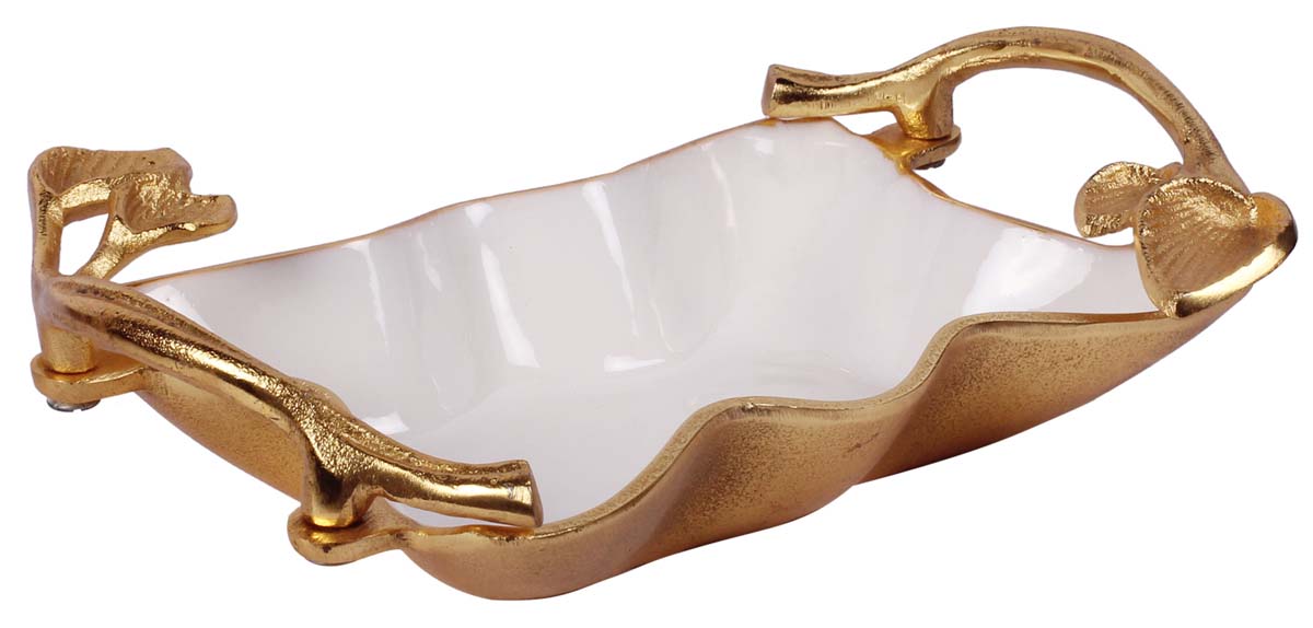 Buy in Bulk Wholesale Metal Tray - 12” Decorative Bowl with Leaf Handles & Scalloped Edges - Golden White - Modern Home Decor/Accessory Holder
